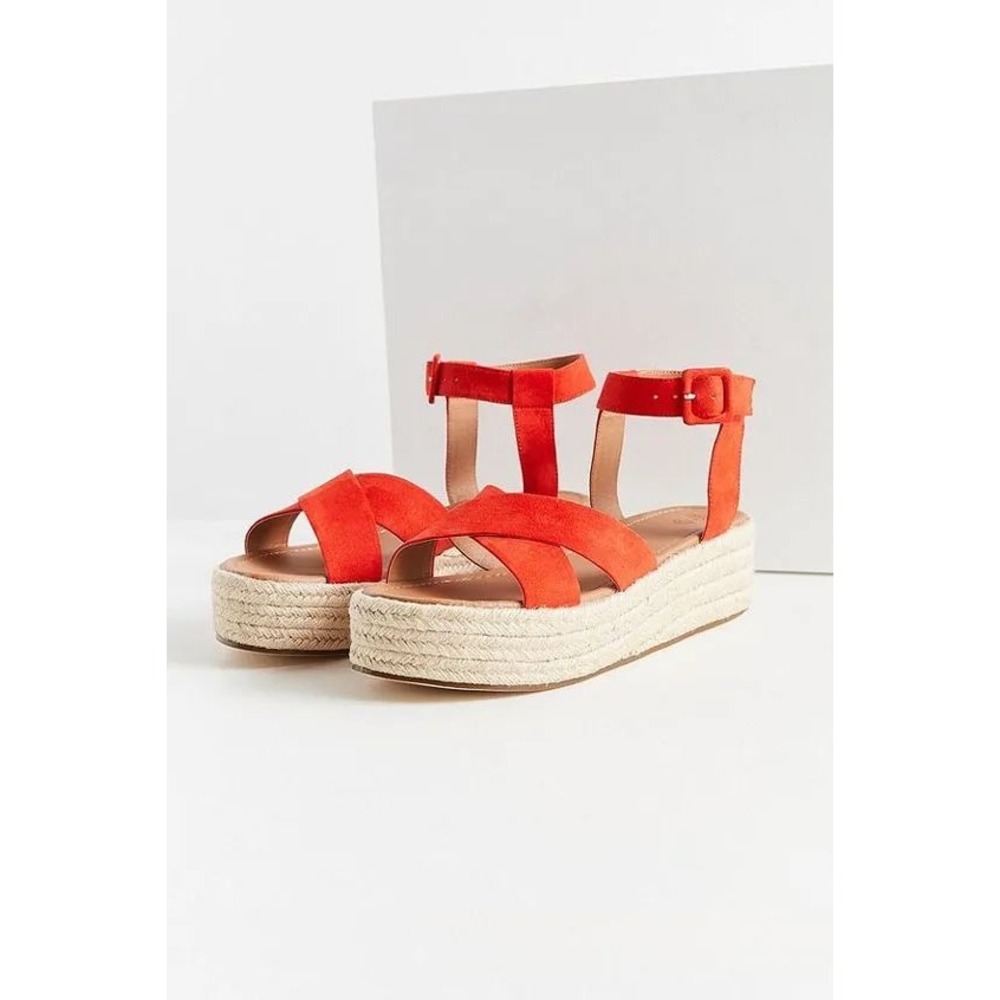 Red Espadrille Platform Sandals Ankle Strap Crisscross Faux Suede Size 7